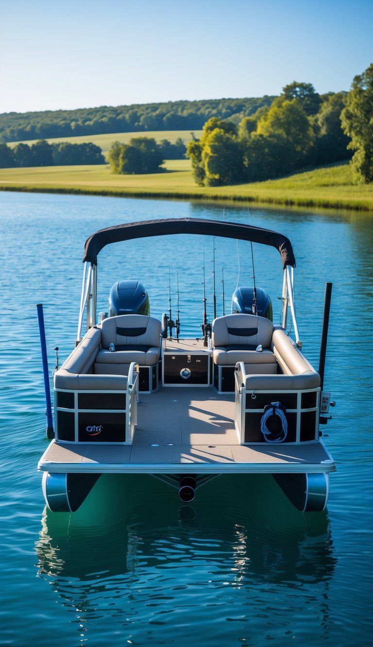 Pontoon boat on calm water with built-in coolers and rod holders, fishing gear neatly arranged on deck, and a green shoreline in the background.