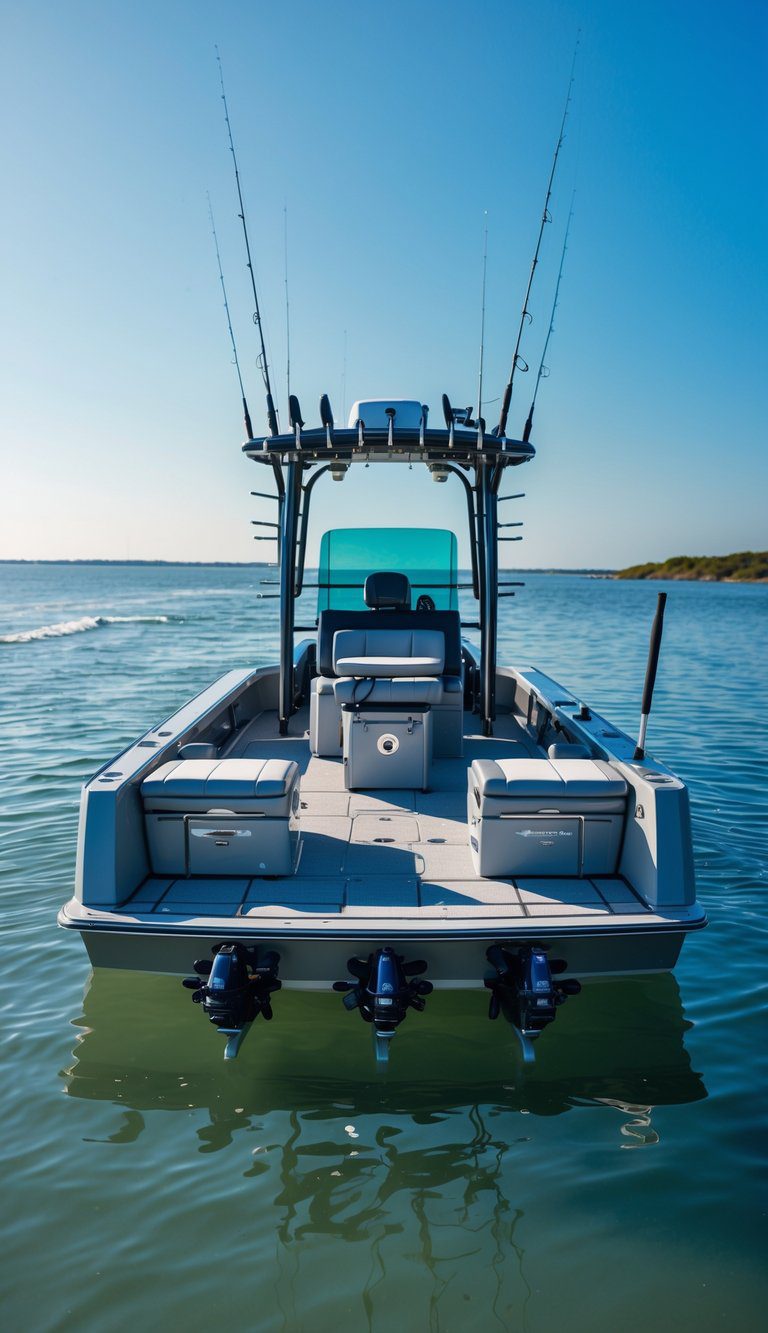 A bay boat with fold-down rear seating on calm water, equipped for fishing, with a coastal background.