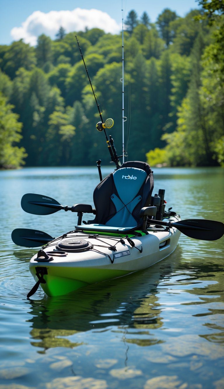 A fishing kayak with a rudder and gear tracks on calm water surrounded by green trees and clear sky, equipped with fishing gear and a comfortable seat.