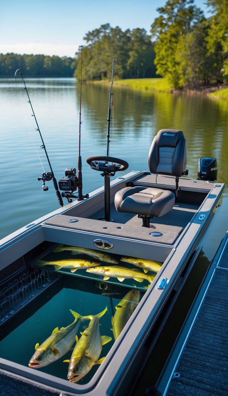 A bass fishing boat docked at a lake with a livewell containing fish and a rod locker holding fishing rods.