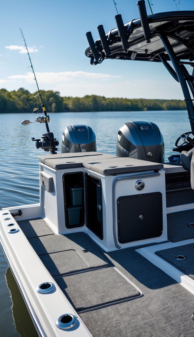 A dual-console fishing boat with locking dry storage compartments on calm water surrounded by trees and clear skies.