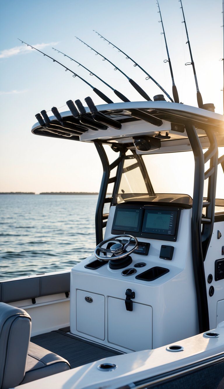 Fishing boat center console with hardtop and overhead rod racks holding fishing rods on calm water under a clear sky.