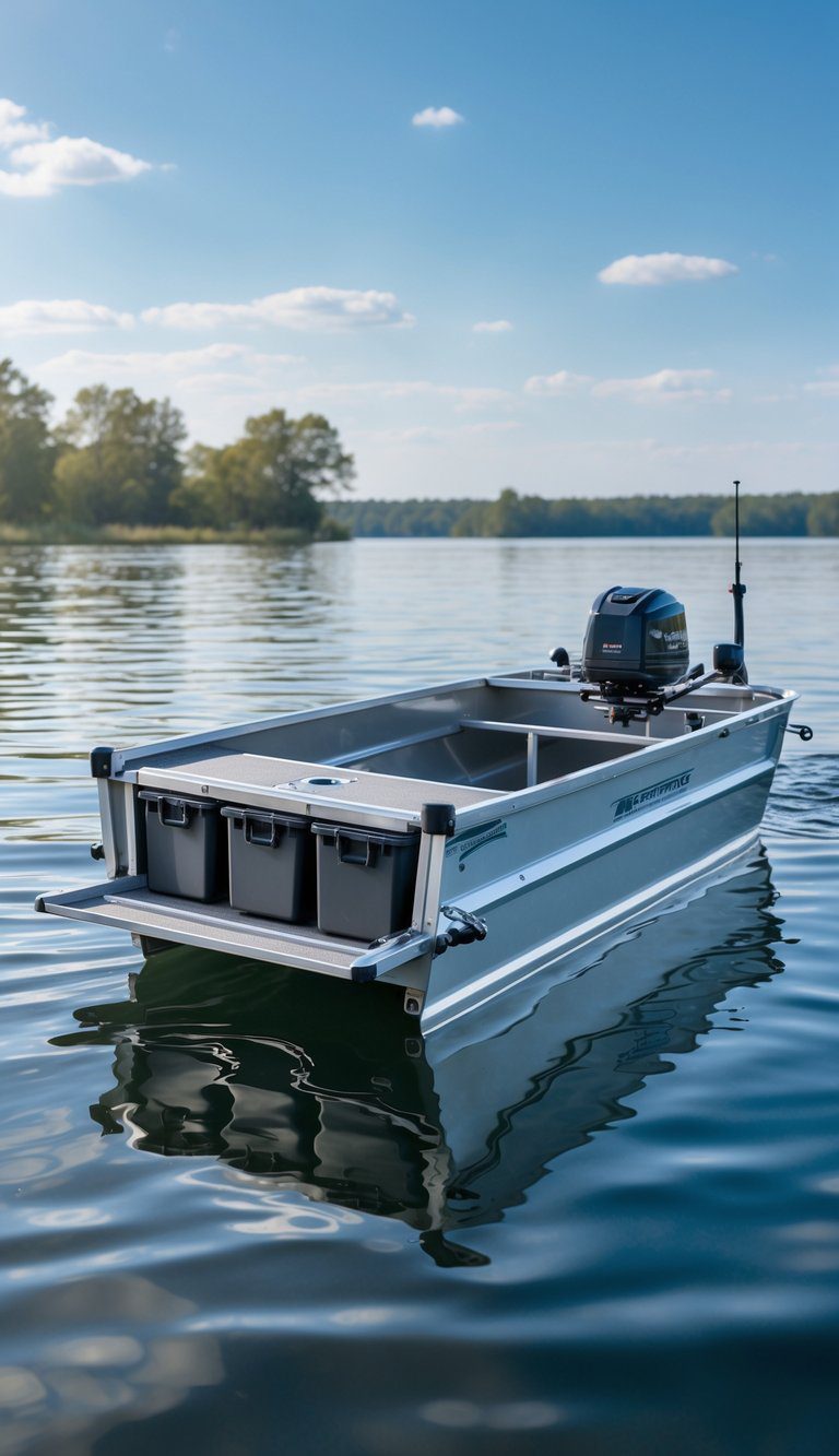 An aluminum jon boat on calm water with removable storage boxes arranged on its deck, set against a lake and tree background.