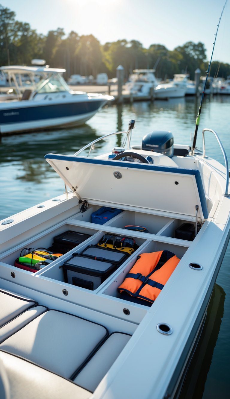 A fishing boat docked at a marina with open under-seat storage compartments showing organized fishing gear inside.