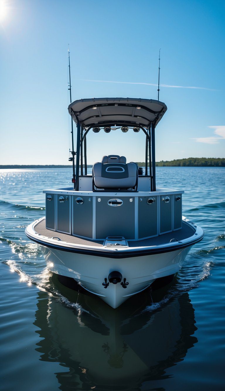 Fishing skiff boat on calm water with modular deck boxes and a bimini shade canopy under a clear sky.