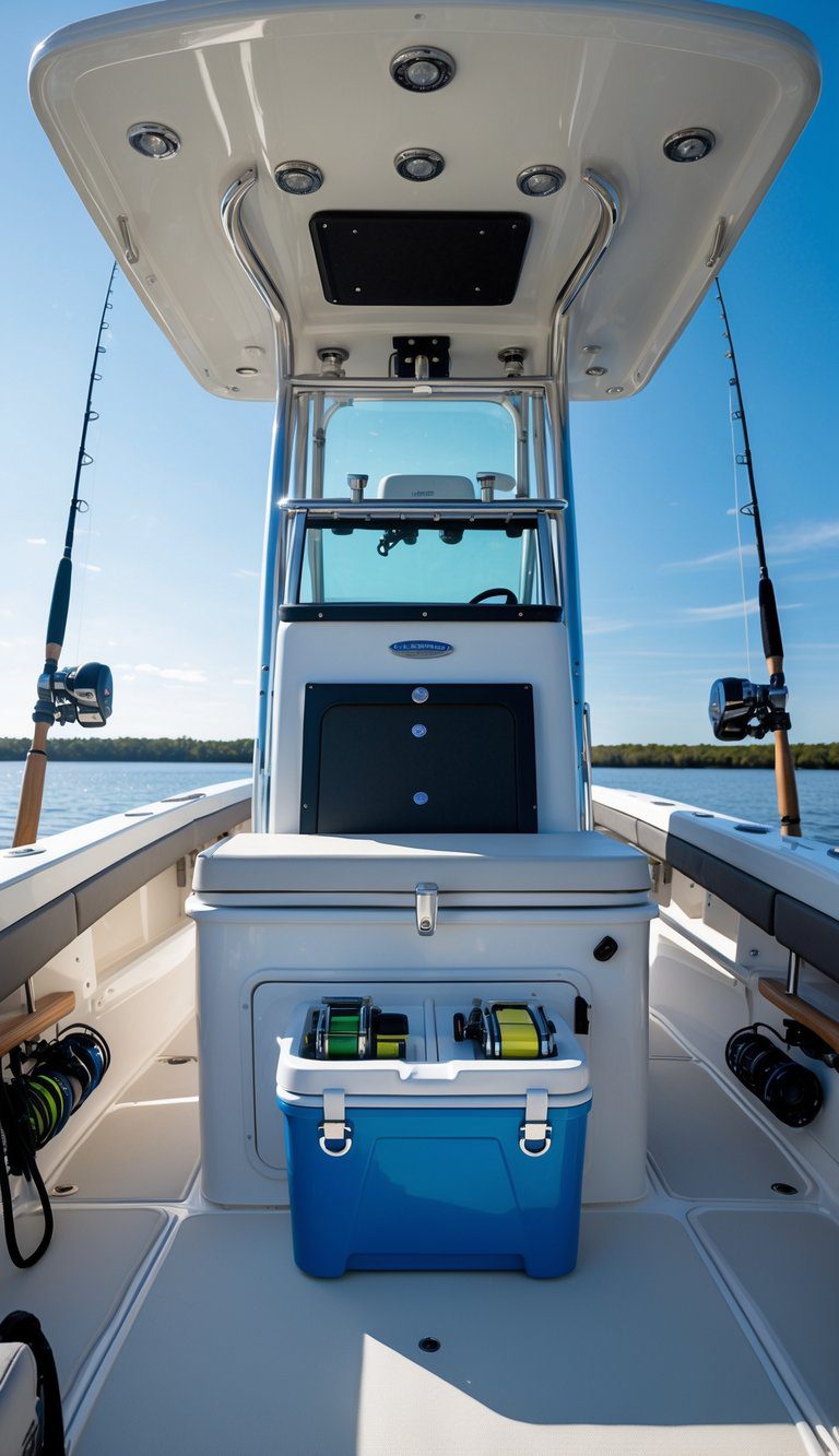 Fishing boat walkaround cabin with a dedicated cooler and organized tackle station on a sunny day.
