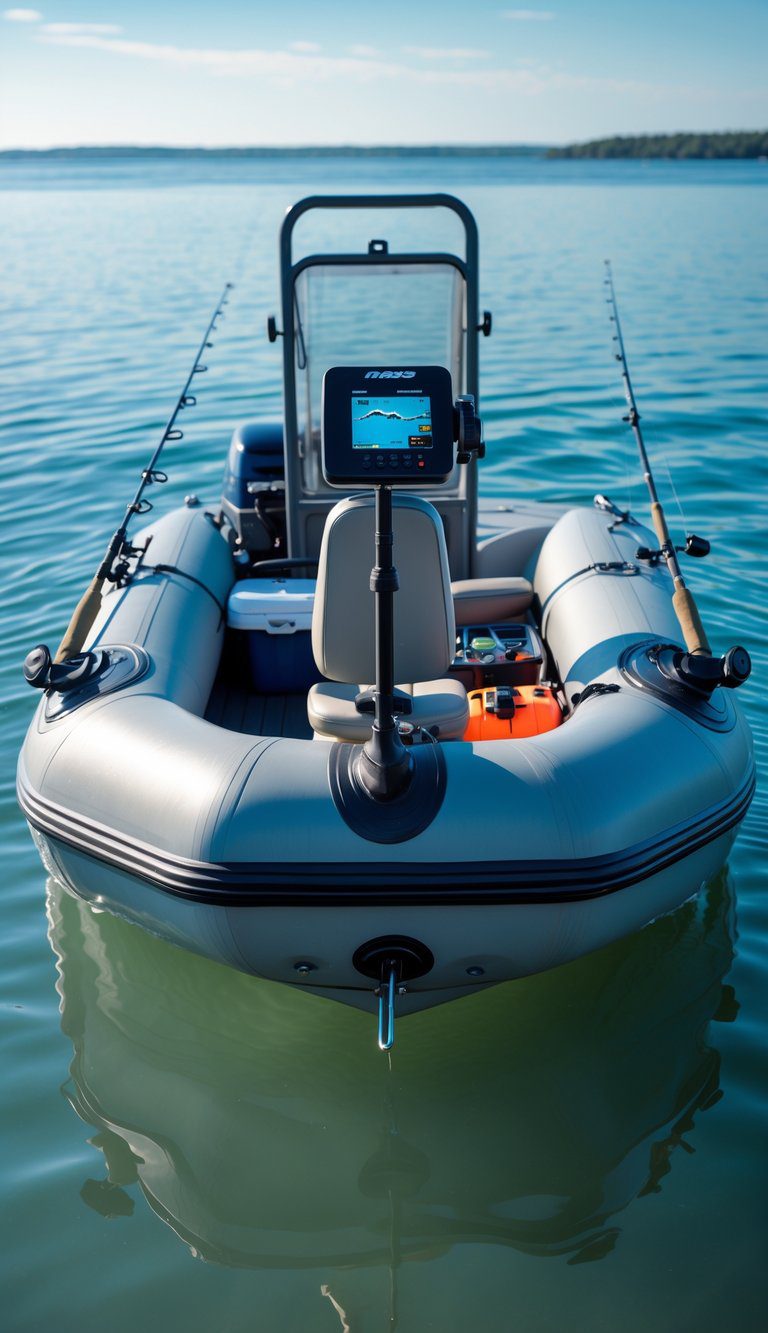 An inflatable rigid-hull tender boat on calm water with a mounted fish finder and fishing gear, set against a lakeside or coastal background.