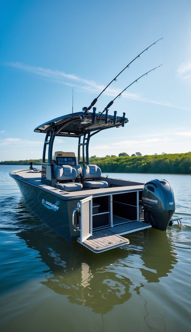 A crossover deck fishing boat on calm water with an open underfloor fish box, surrounded by a green shoreline under a clear blue sky.