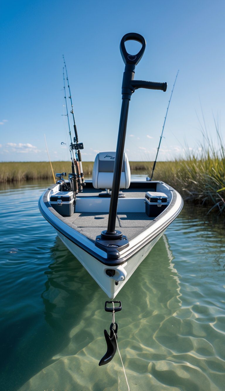 A tiller-handled flats fishing boat with a built-in anchor system floating in calm shallow water surrounded by coastal vegetation.