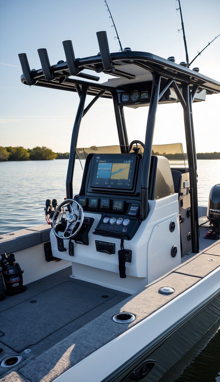 A fishing boat with a hardtop center console equipped with integrated electronic devices on calm water.