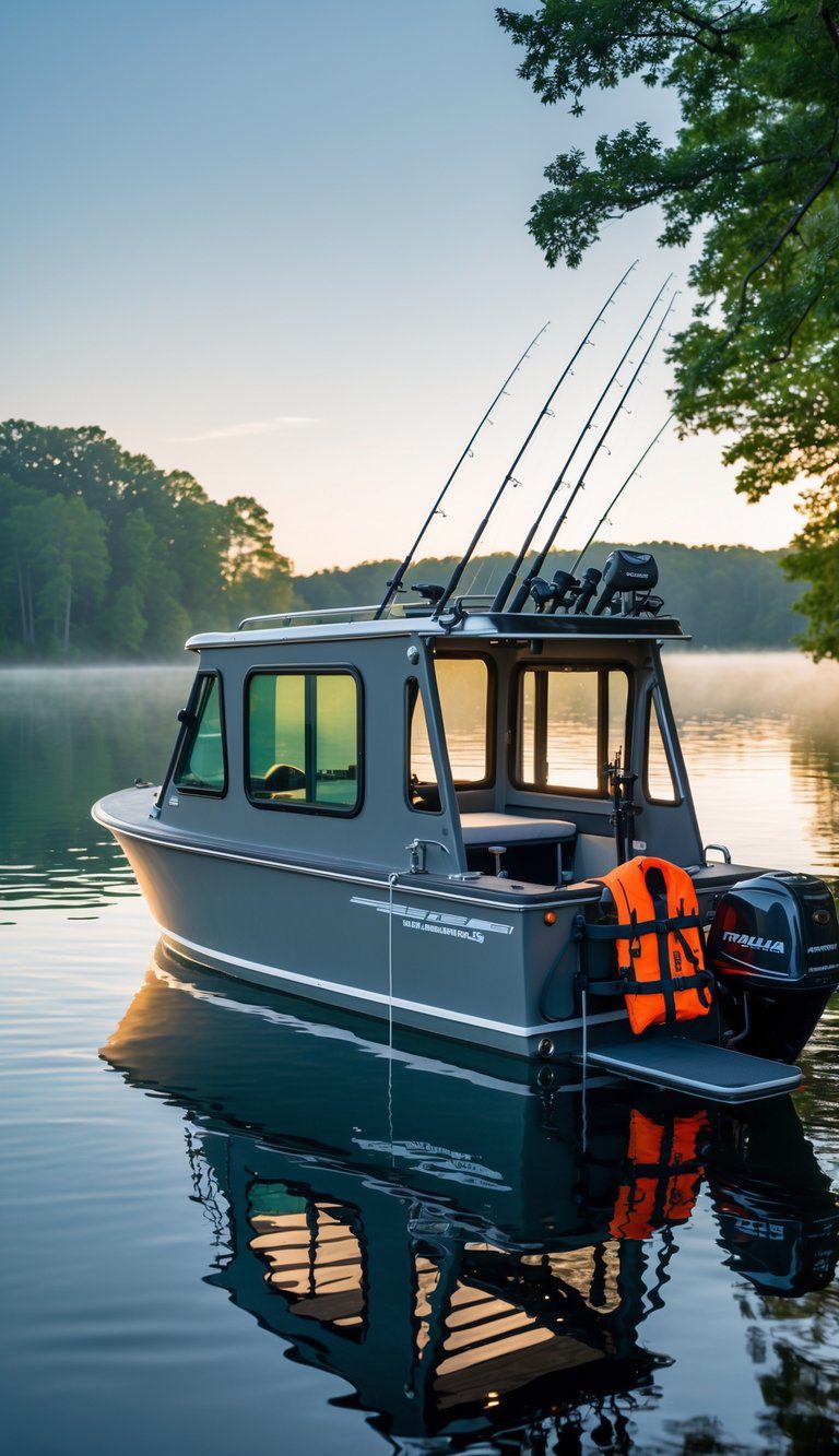 A small fishing boat with a compact cabin and fold-out rod storage docked on a calm lake surrounded by trees.
