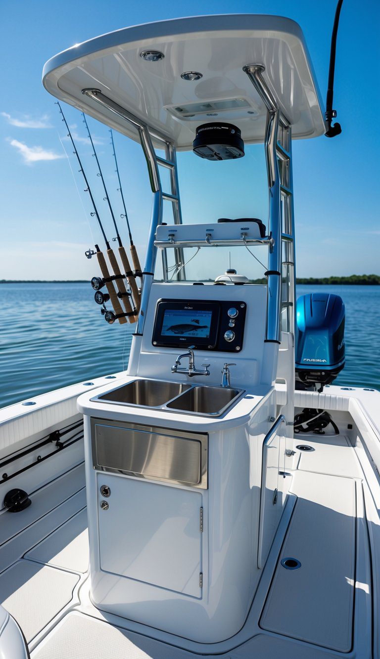 Fishing boat deck with a center console and a convertible cleaning station, showing fishing equipment and calm water in the background.