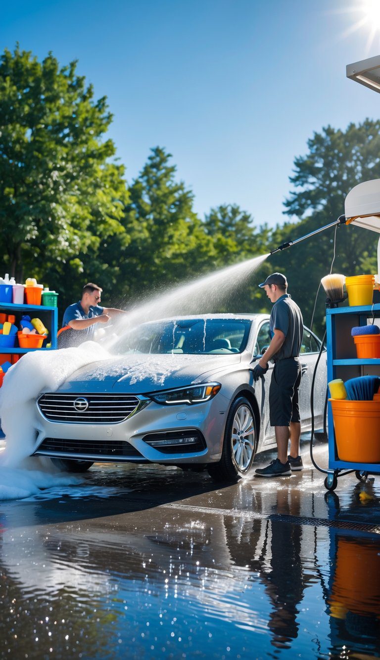 A clean car being washed outdoors on a sunny day with people using foam, water hoses, and towels surrounded by car cleaning supplies.