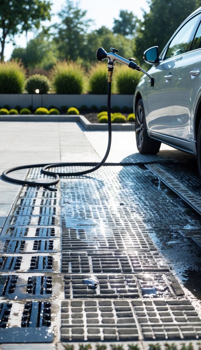 A clean car parked in a driveway wash bay with permeable pavers and surrounding greenery on a sunny day.