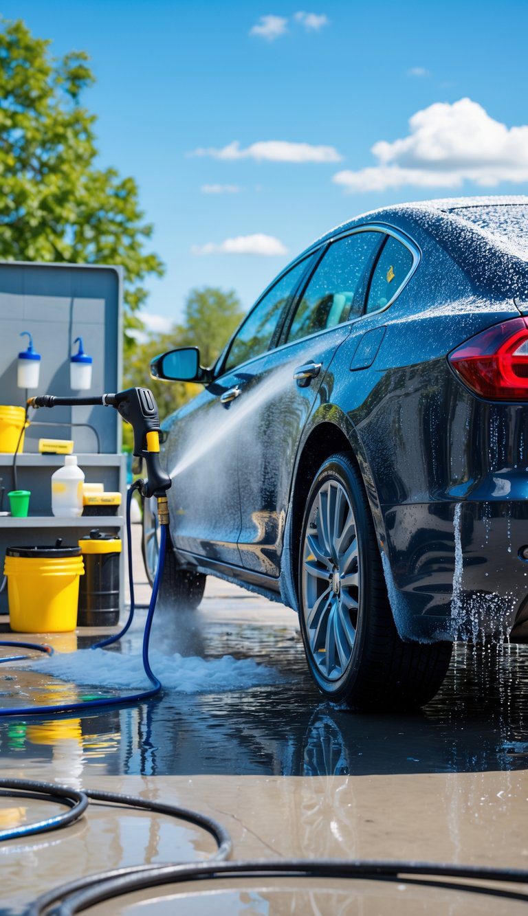 A pressure washer spraying water and foam on a clean car outdoors on a sunny day with car wash supplies visible nearby.
