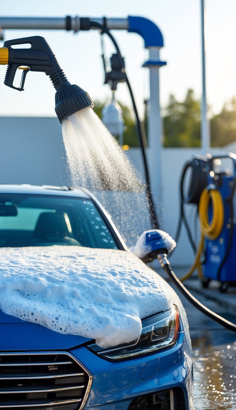 A clean car being covered with white foam from a foam cannon in a car wash setup.