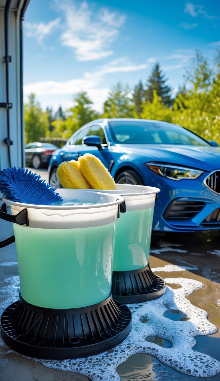Two buckets with soapy water and grit guards next to a clean car in a sunny outdoor driveway.