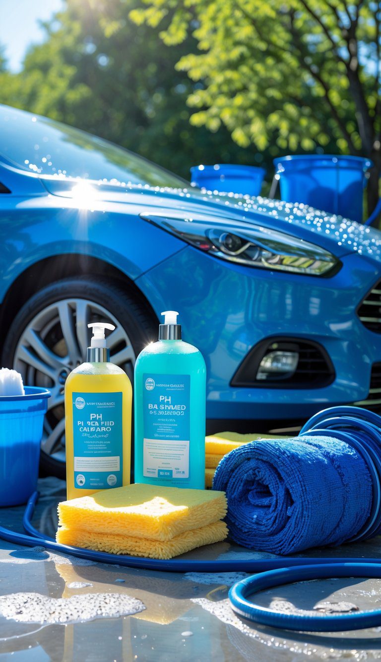A freshly washed car outdoors surrounded by car wash supplies including shampoo bottles, sponges, towels, and buckets on a sunny summer day.