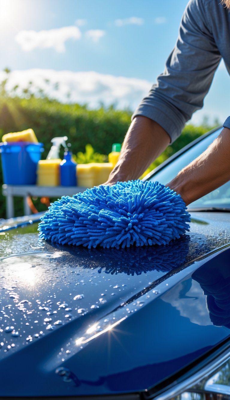 A person using a blue microfiber wash mitt to wash a car outdoors on a sunny day with car wash supplies in the background.