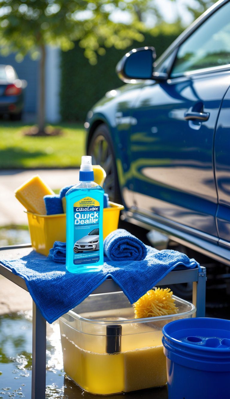 A clean car being detailed with spray bottles and towels on a sunny day in a driveway.