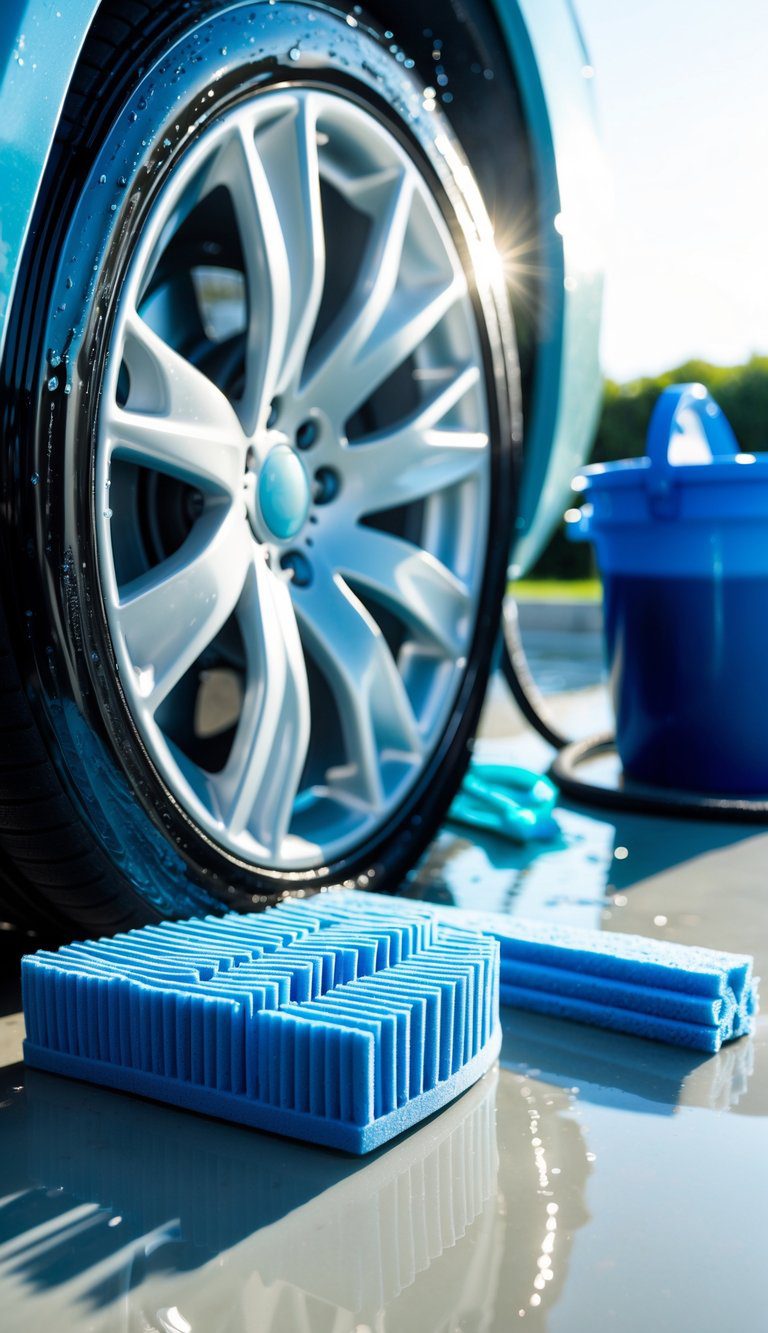 Close-up of foam brushes and a clean car wheel with car wash tools in the background.