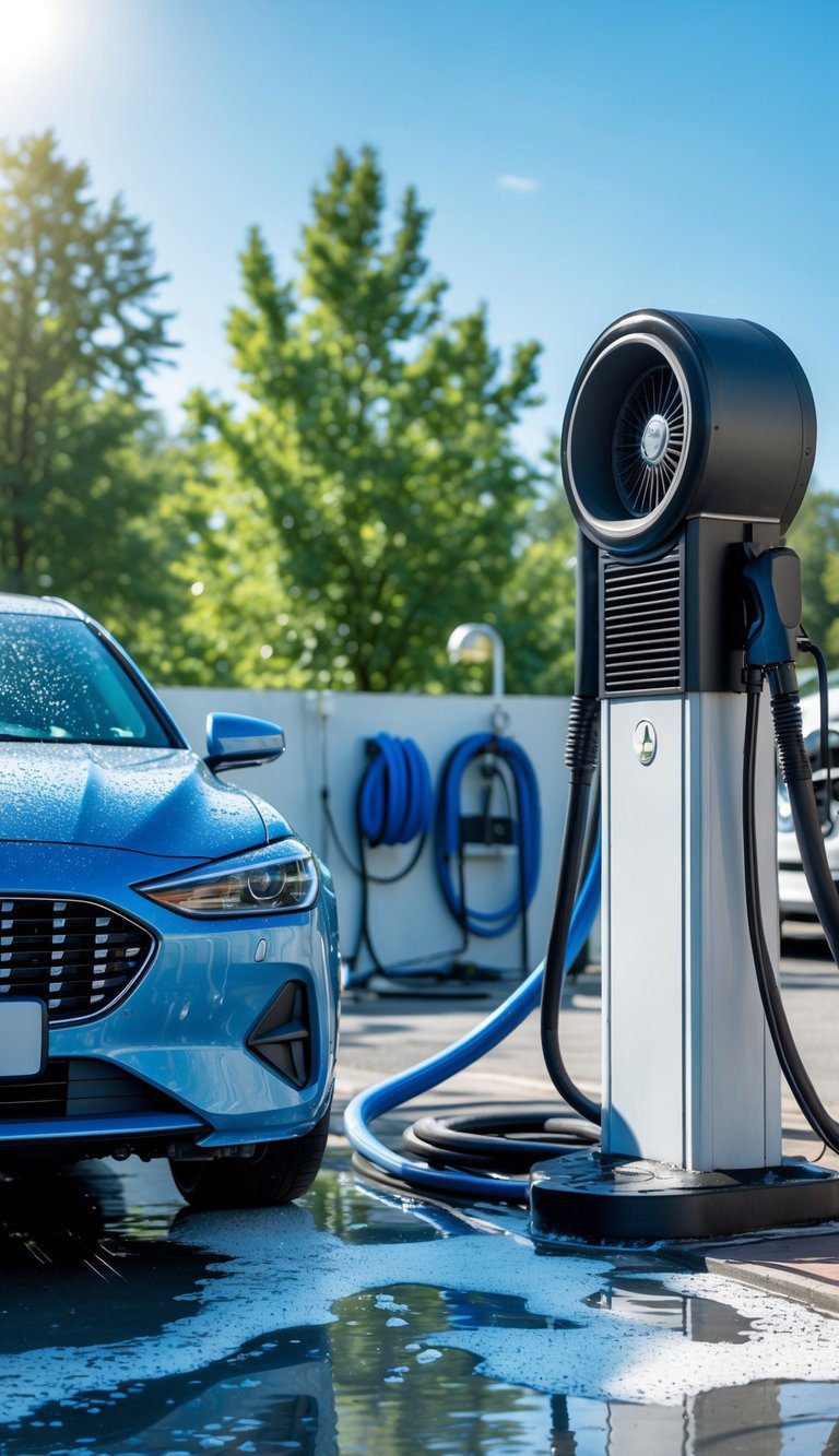 A clean car being dried with a soft-blow dryer at a car wash station on a sunny day.