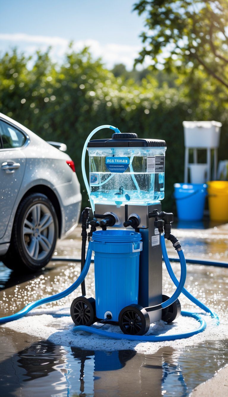 A portable water reclaimer machine next to a car being washed outdoors on a sunny day.