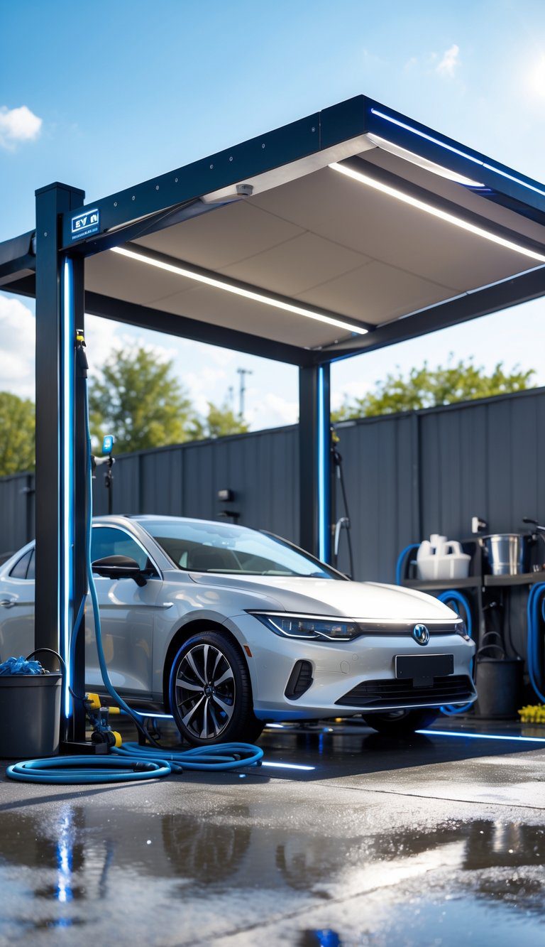 A clean car parked under a shade canopy with LED lights at a car wash station on a sunny day.