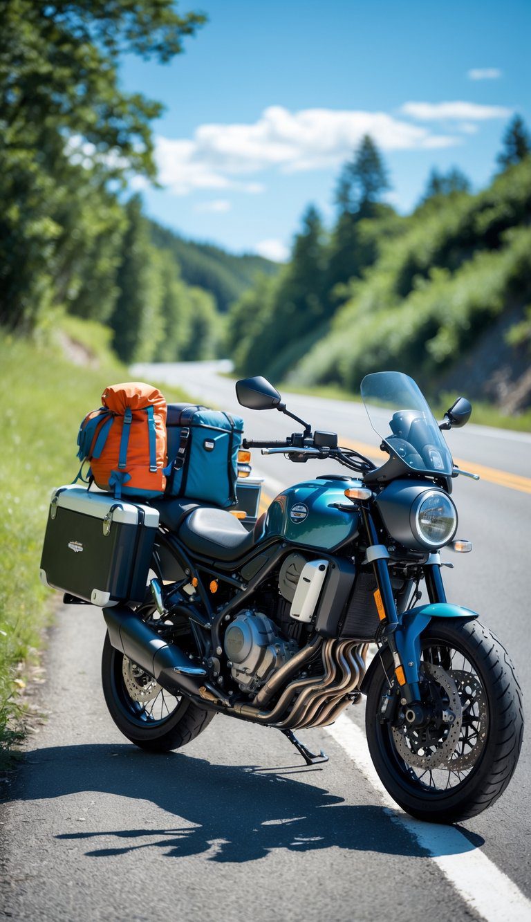 A motorcycle parked on a roadside with summer travel gear packed on it, surrounded by trees and a clear sky.