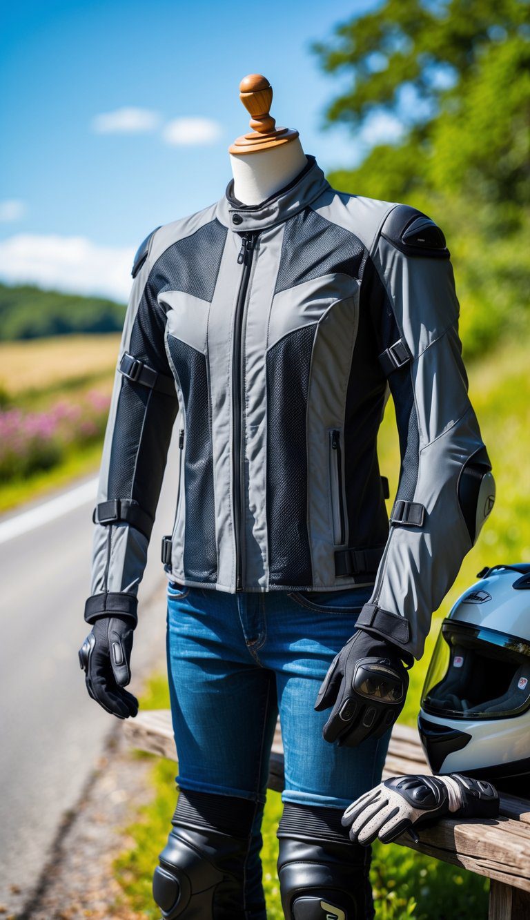 Lightweight ventilated motorcycle jacket displayed outdoors next to a helmet and gloves with a scenic road and green landscape in the background.