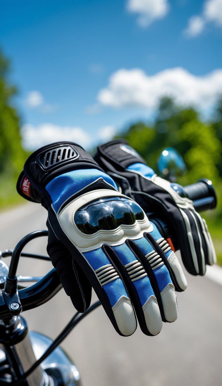 A pair of summer motorcycle gloves placed on a motorcycle handlebar with a sunny outdoor background.