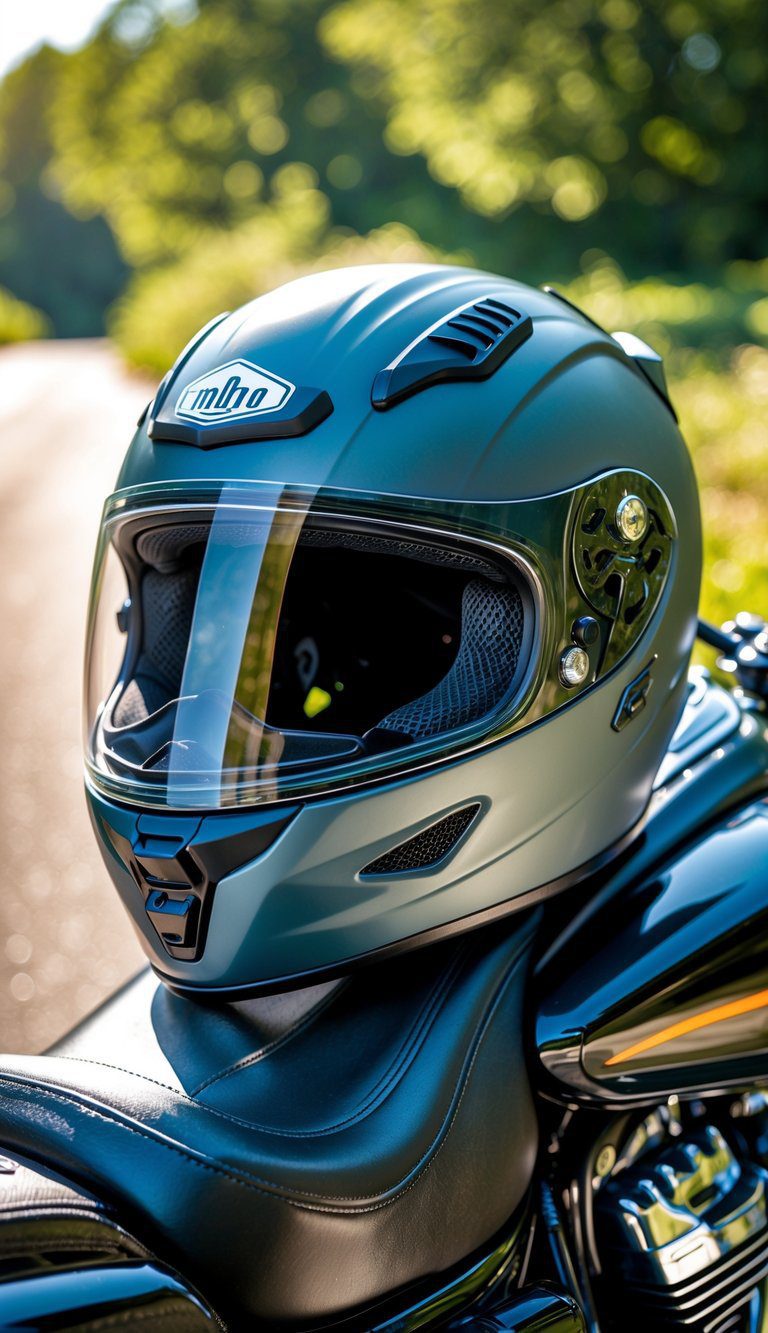 A ventilated full-face motorcycle helmet resting on a motorcycle seat with a sunny road and trees in the background.