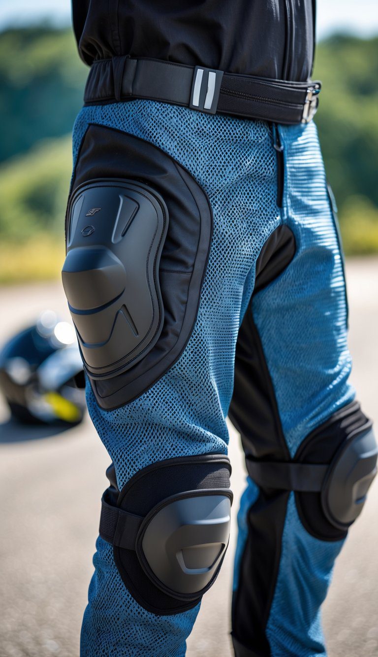 Close-up of mesh motorcycle riding pants with protective armor on a sunny day, with a motorcycle helmet and gloves nearby.