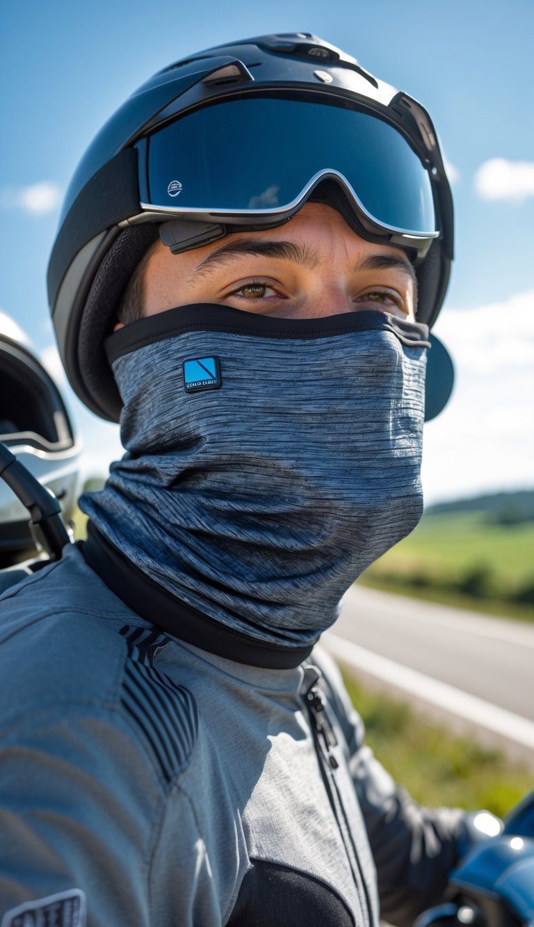 Close-up of a person wearing a cooling neck gaiter outdoors on a sunny day, holding a motorcycle helmet.