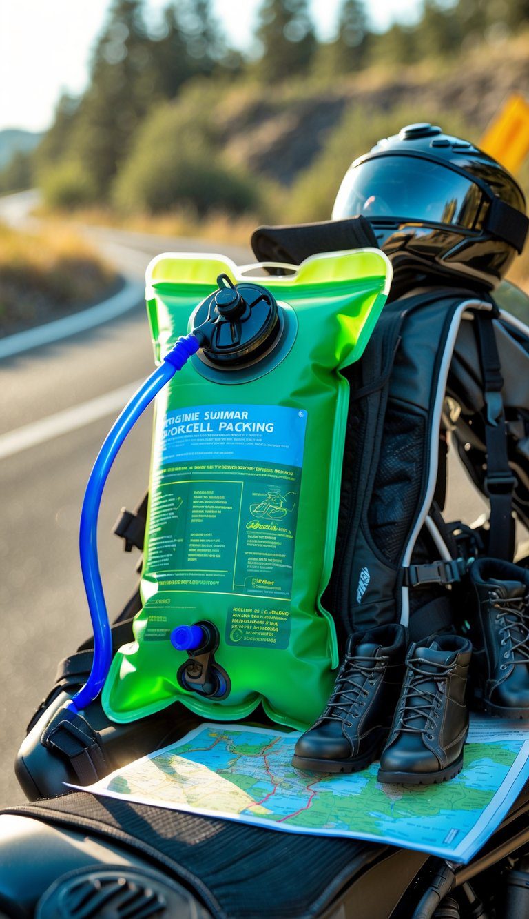 A hydration bladder and summer motorcycle gear arranged on a motorcycle seat outdoors in sunlight.