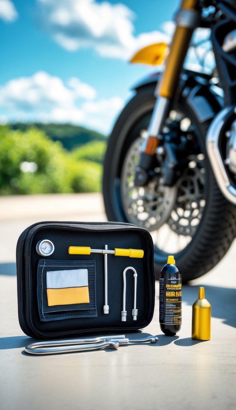 Compact tire repair kit with CO2 inflator placed next to a motorcycle tire outdoors on a sunny day.