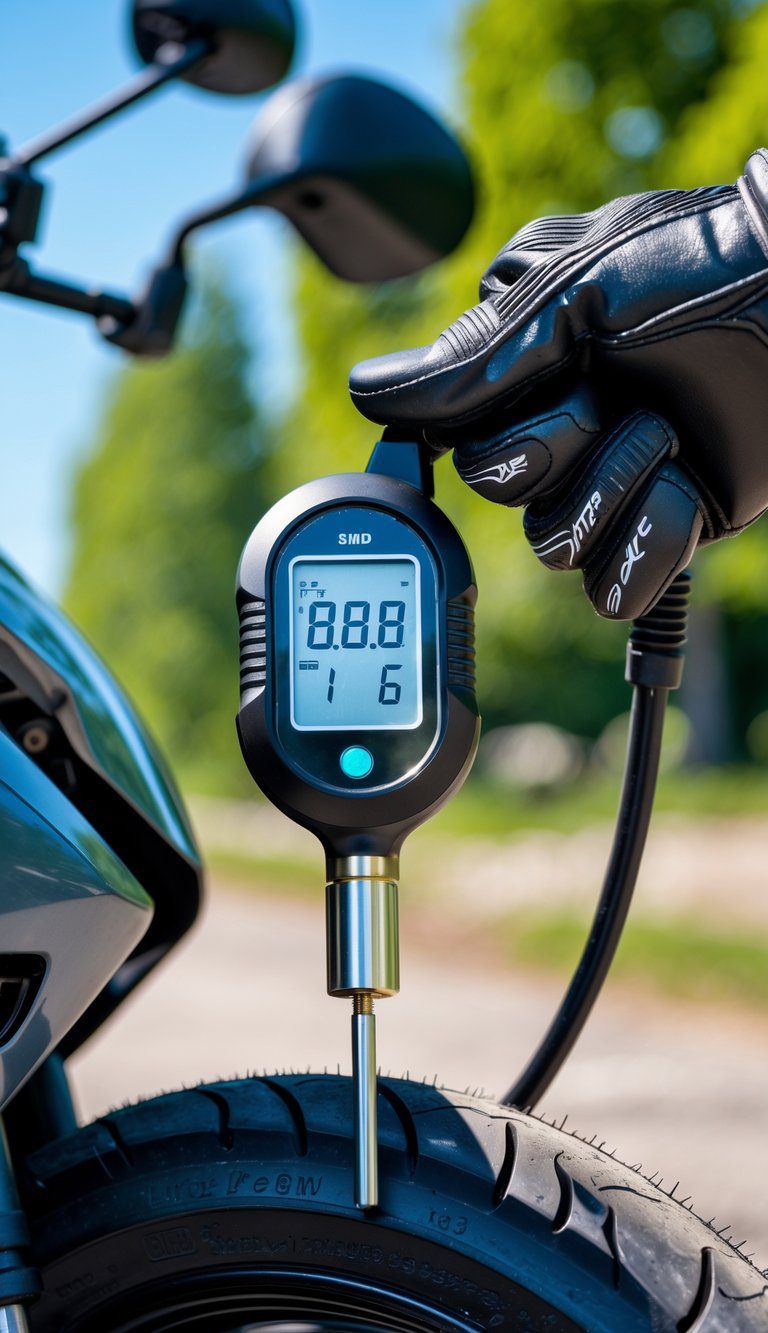 A person wearing motorcycle gloves using a battery-powered tire pressure gauge on a motorcycle tire outdoors on a sunny day.