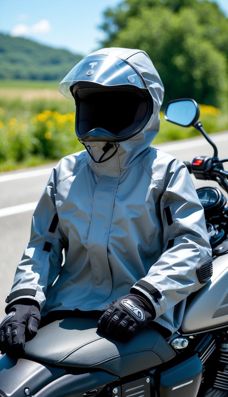 A folded lightweight rain suit placed on a motorcycle seat outdoors on a sunny day.