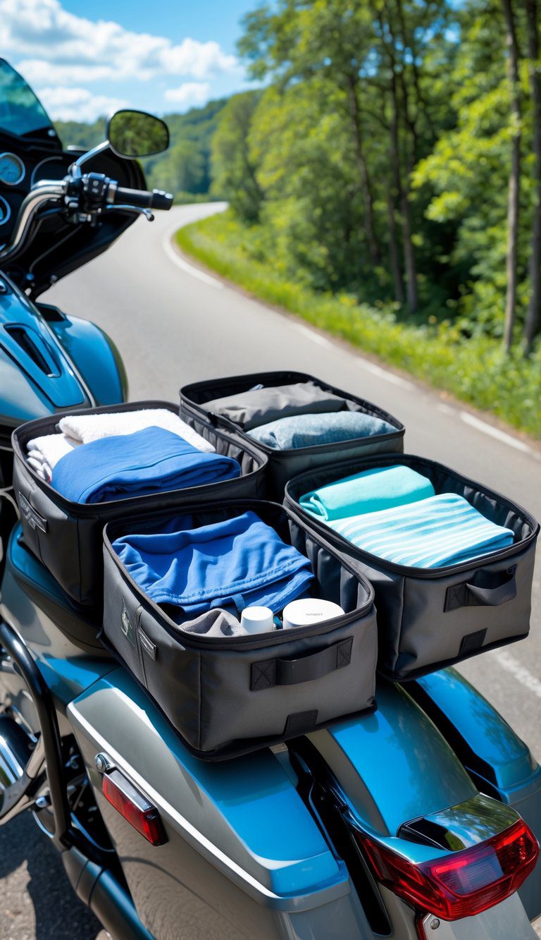 Motorcycle saddlebags open outdoors showing neatly packed organizer cubes with travel essentials inside.