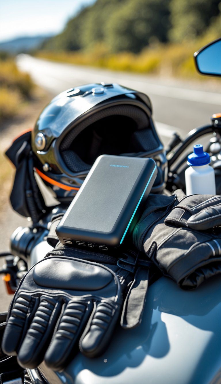 Portable USB battery pack placed with motorcycle gear on a seat outdoors during a summer day.