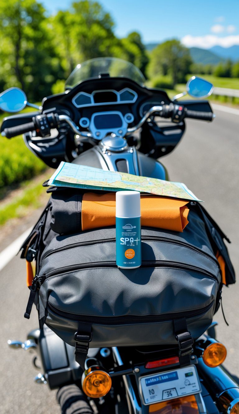 Motorcycle with an open touring bag packed with summer essentials including SPF 50+ lip balm, parked on a sunny roadside with trees and mountains in the background.