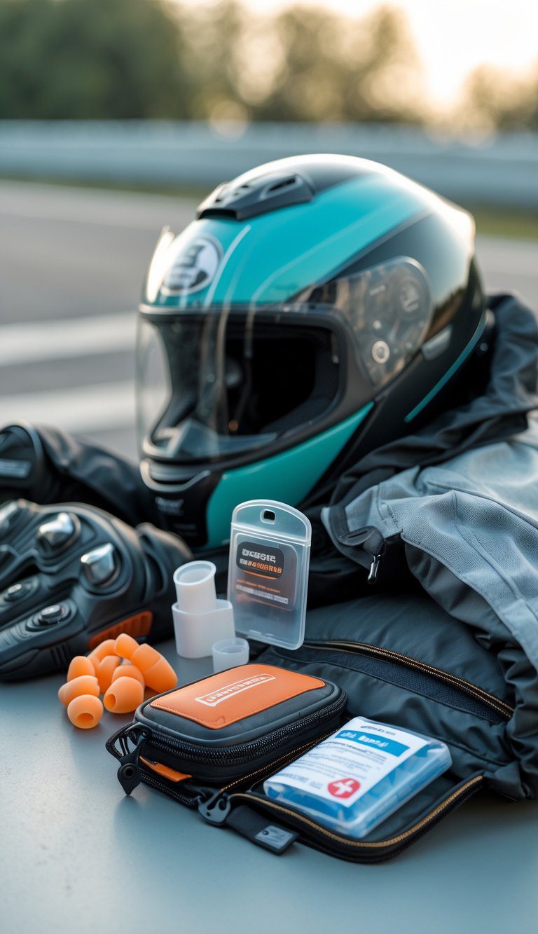 A neatly arranged set of motorcycle gear for a summer ride, including earplugs, helmet, gloves, and jacket on a flat surface.