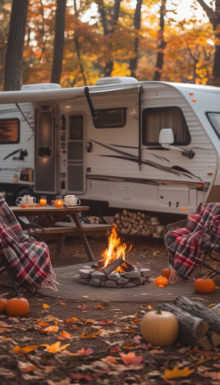 An RV parked in a forest with colorful autumn leaves, a campfire, picnic table with warm drinks, pumpkins, and cozy blankets around.