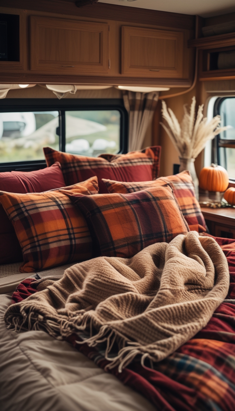 A cozy RV bed with layered flannel bedding and a wool throw blanket inside a warm, inviting interior.