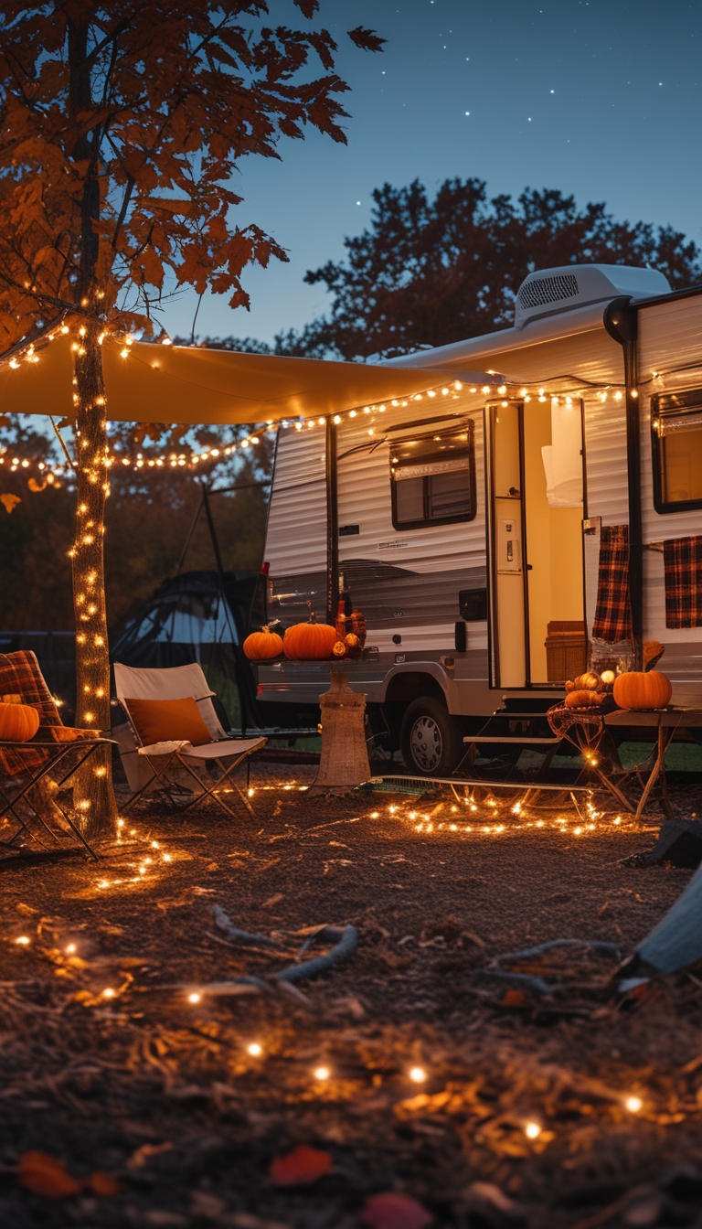 An RV campsite at dusk decorated with warm white string lights, surrounded by autumn trees with colorful leaves and a cozy outdoor seating area.