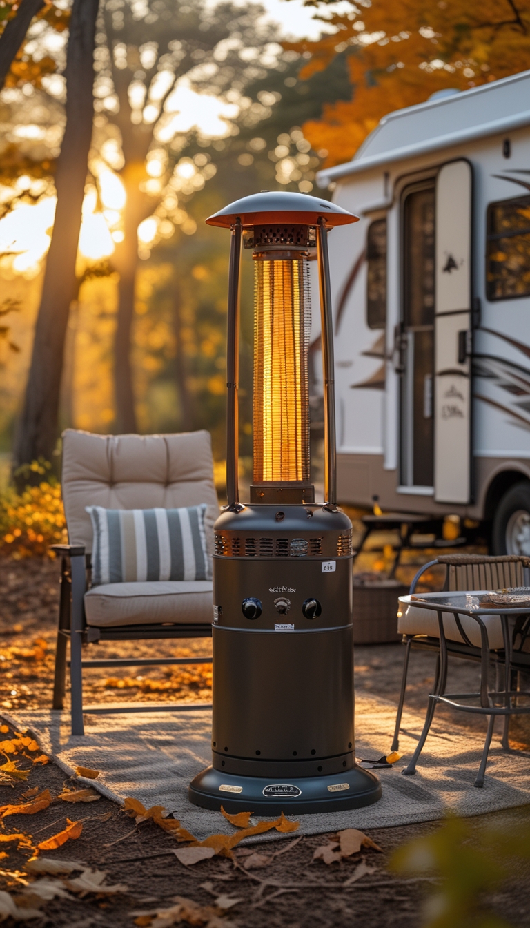 A portable propane patio heater next to outdoor seating near an RV surrounded by fall trees and leaves.