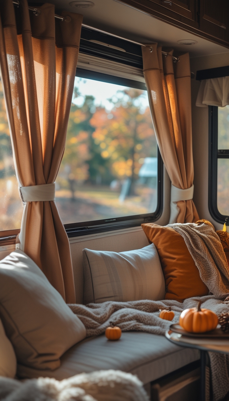 Cozy RV interior with insulated blackout curtains closed over a window, warm seating, and autumn decorations visible inside.