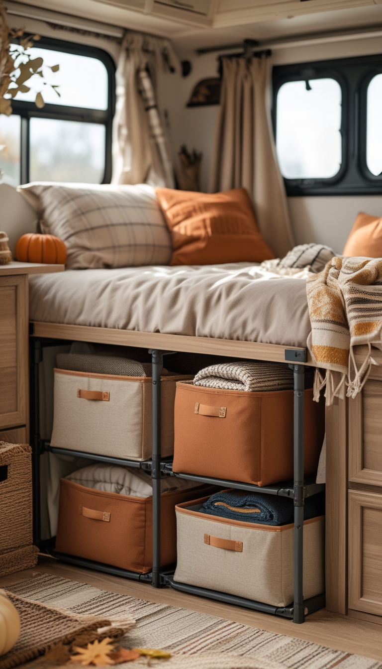 Under-bed collapsible storage cubes filled with camping supplies inside a cozy RV during fall.