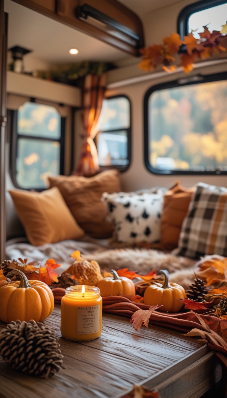 A small lit pumpkin spice soy candle on a wooden table inside a cozy RV decorated with autumn leaves, miniature pumpkins, and pinecones, with a comfortable seating area and fall foliage visible outside the window.