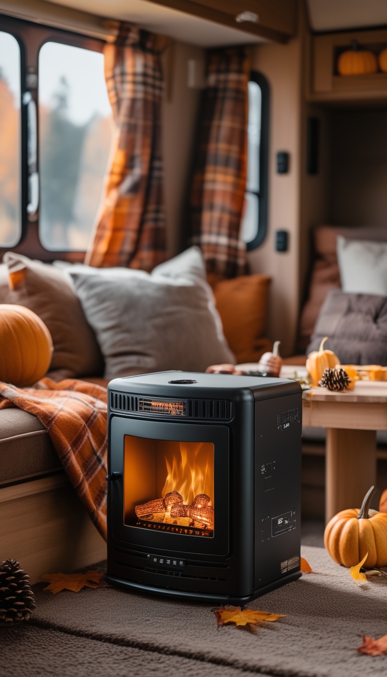 A compact electric fireplace heater inside a cozy RV living area decorated for fall.